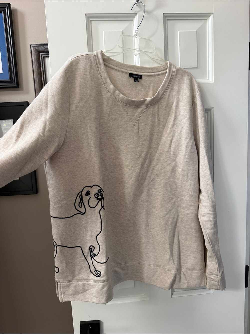 Talbots Beige Crewneck Pullover with Black Line-Dog Graphic